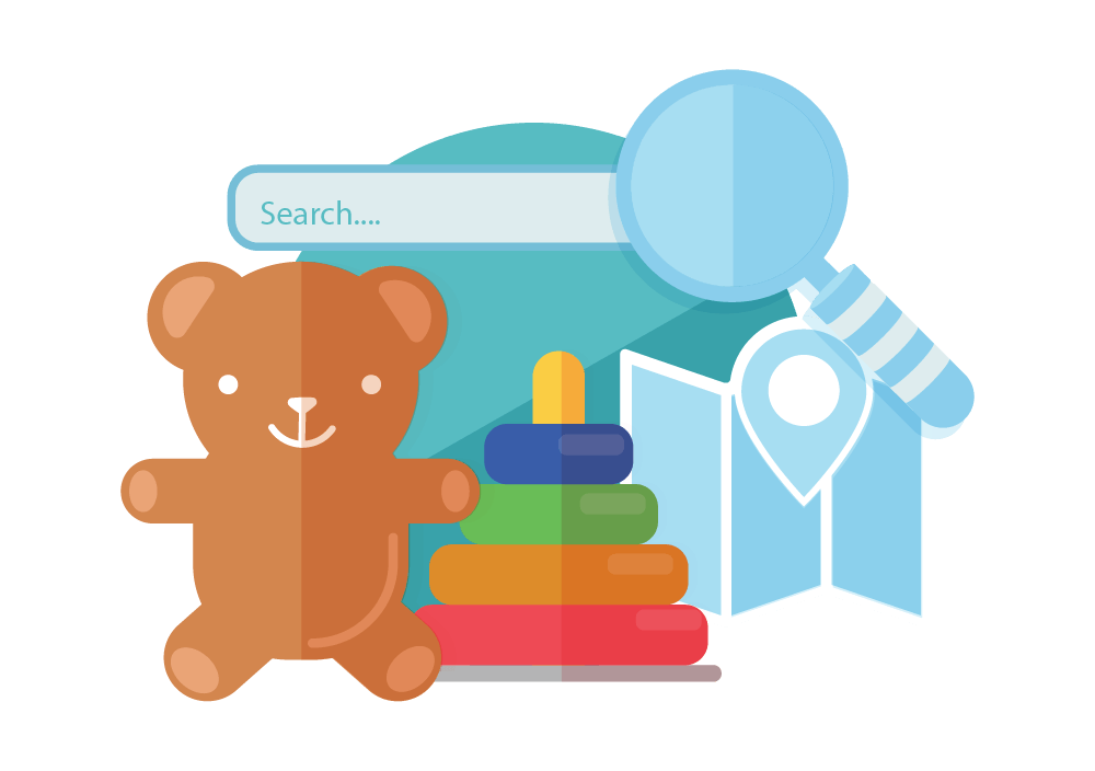 Illustration of a teddy bear and other children toys as well as a search icon representing the childcare finder tool. Illustration of a teddy bear and other children toys as well as a search icon representing the childcare finder tool.