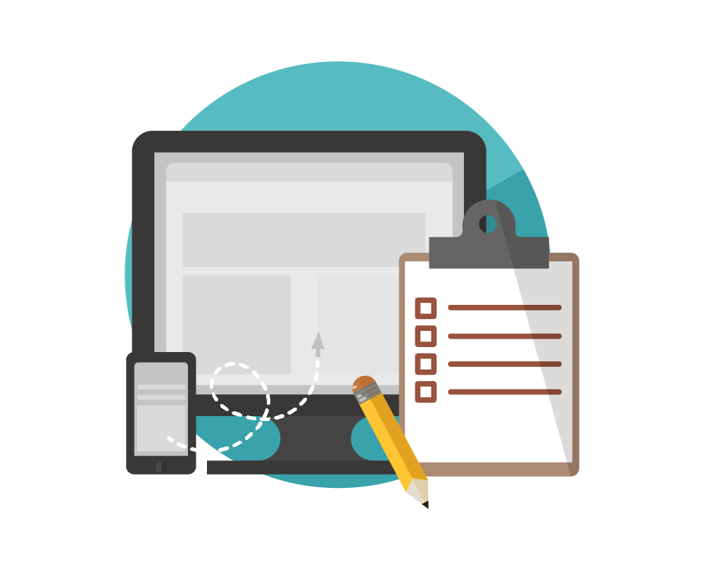 Stylized illustration of a computer and mobile phone with a registration clipboard and pencil. Stylized illustration of a computer and mobile phone with a registration clipboard and pencil.